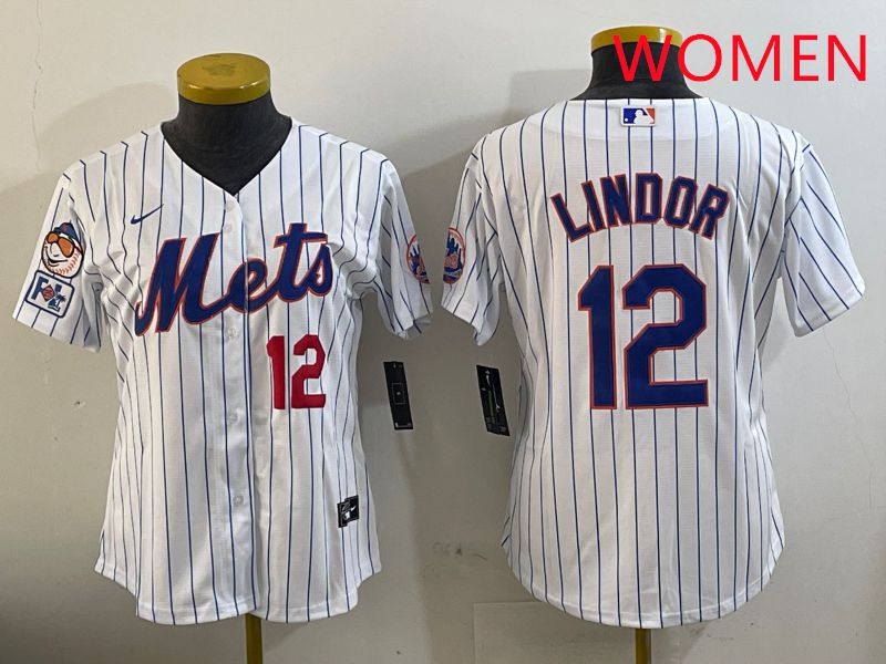 Women New York Mets #12 Lindor White Stirpe Game Fashion 2025 Nike MLB Jersey style 2